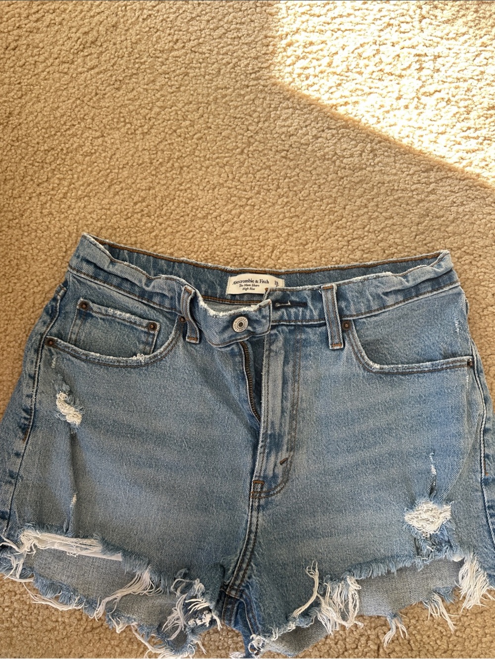Abercrombie & Fitch The Mom Short- Curve Love-Light Blue Distressed Denim Shorts